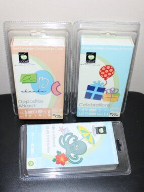 3x Cricut Cartridges Provo Craft Celebrations Opposites Attract Life Is A Beach